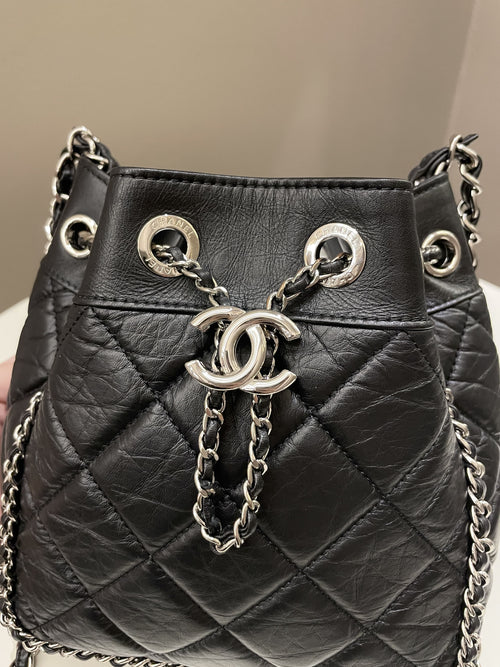 Chanel Cc Drawstring Bucket Chain Bag Black Aged Calfskin