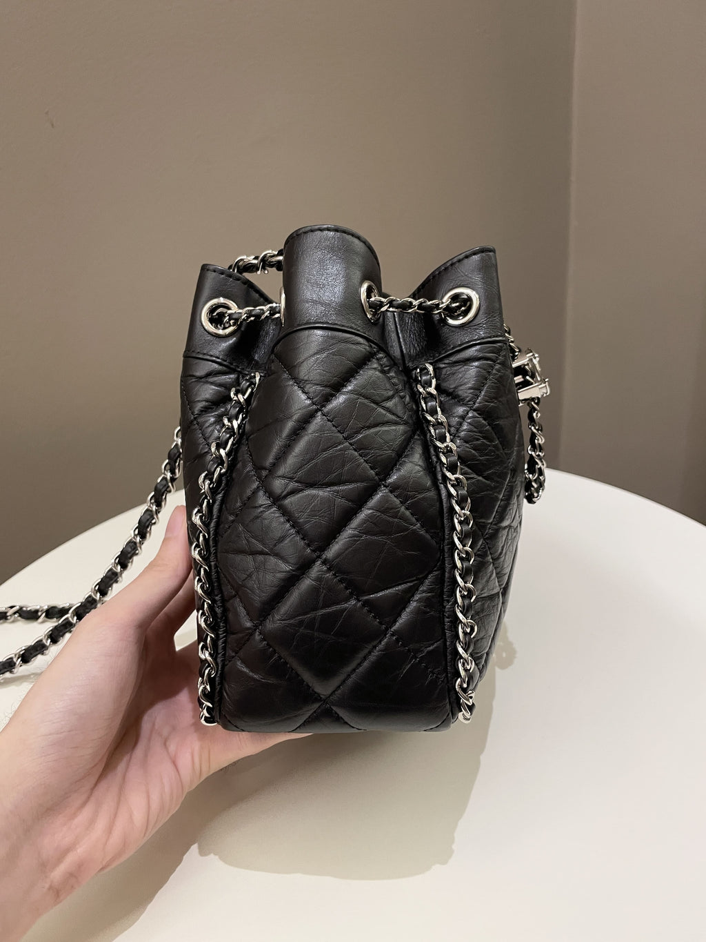 Chanel Cc Drawstring Bucket Chain Bag Black Aged Calfskin
