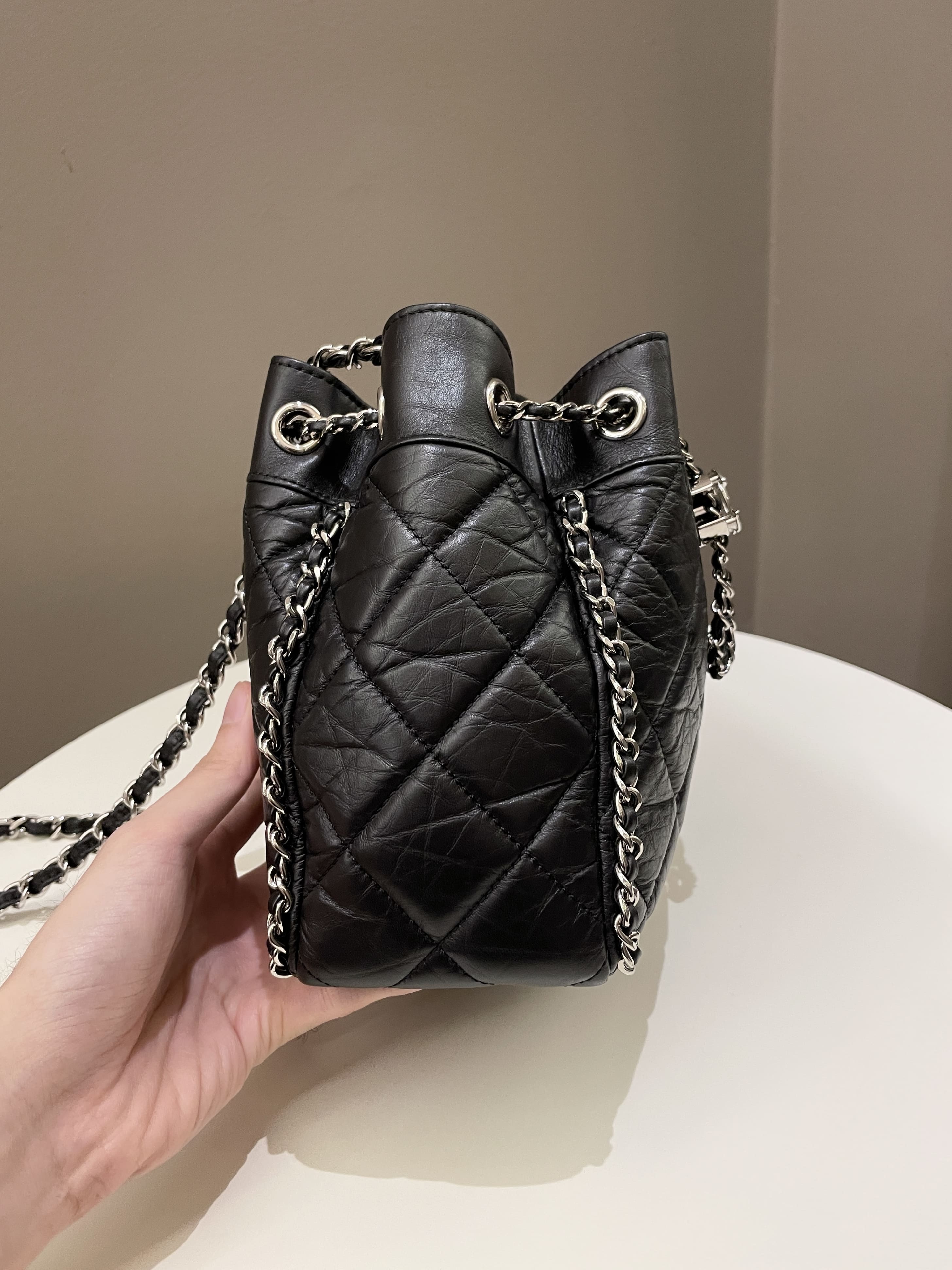 Chanel Cc Drawstring Bucket Chain Bag Black Aged Calfskin