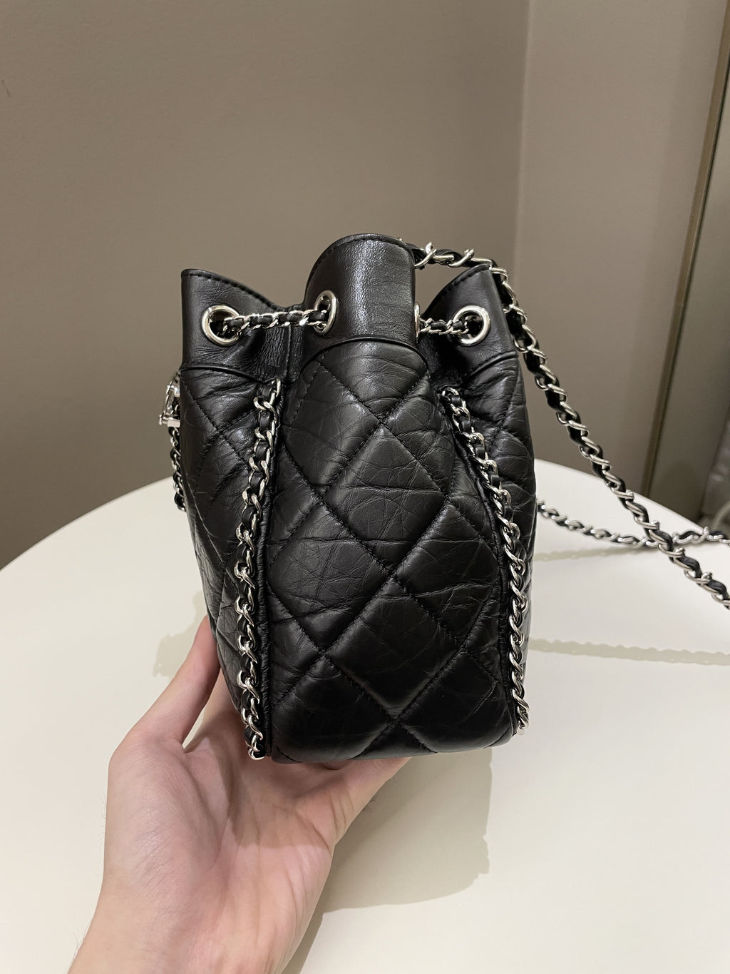 Chanel Cc Drawstring Bucket Chain Bag Black Aged Calfskin