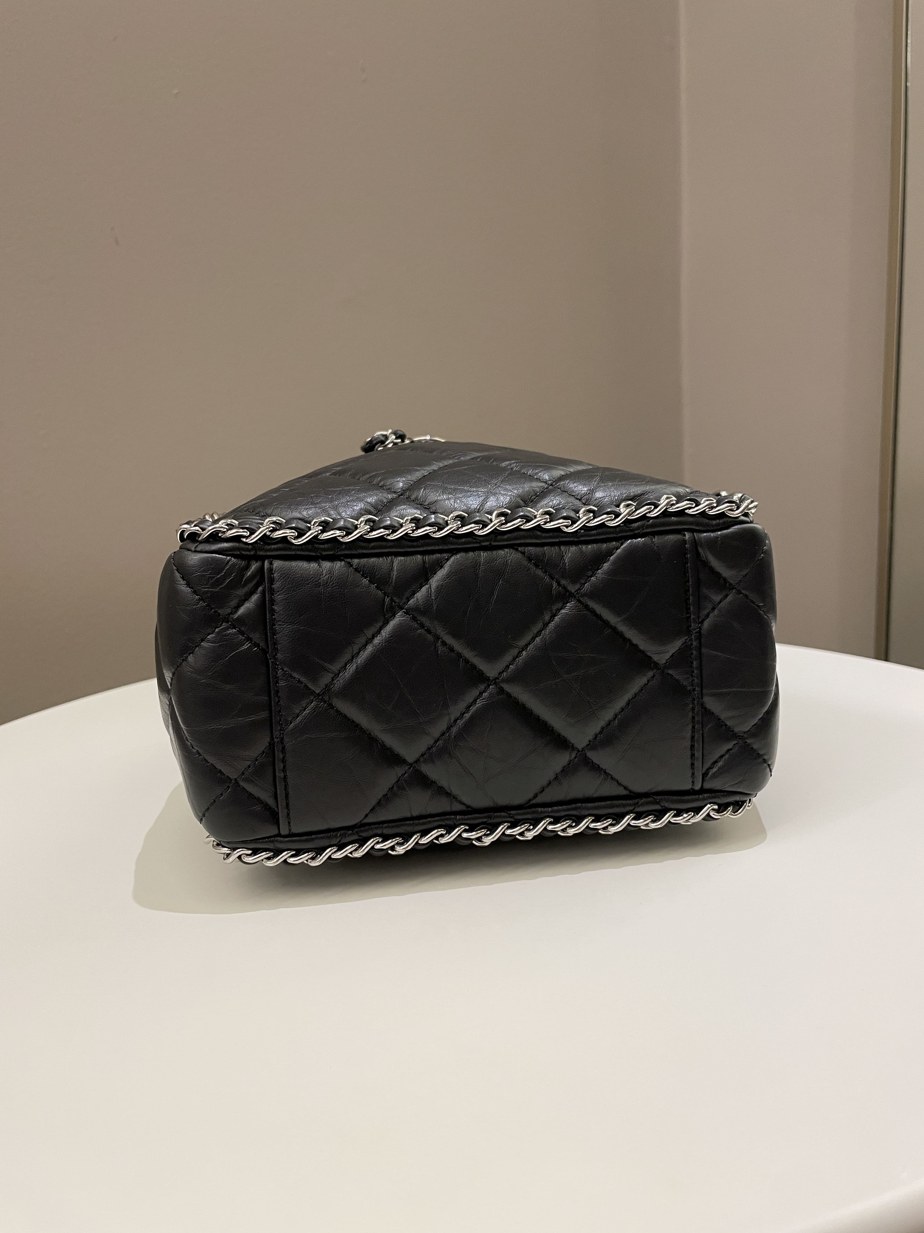 Chanel Cc Drawstring Bucket Chain Bag Black Aged Calfskin