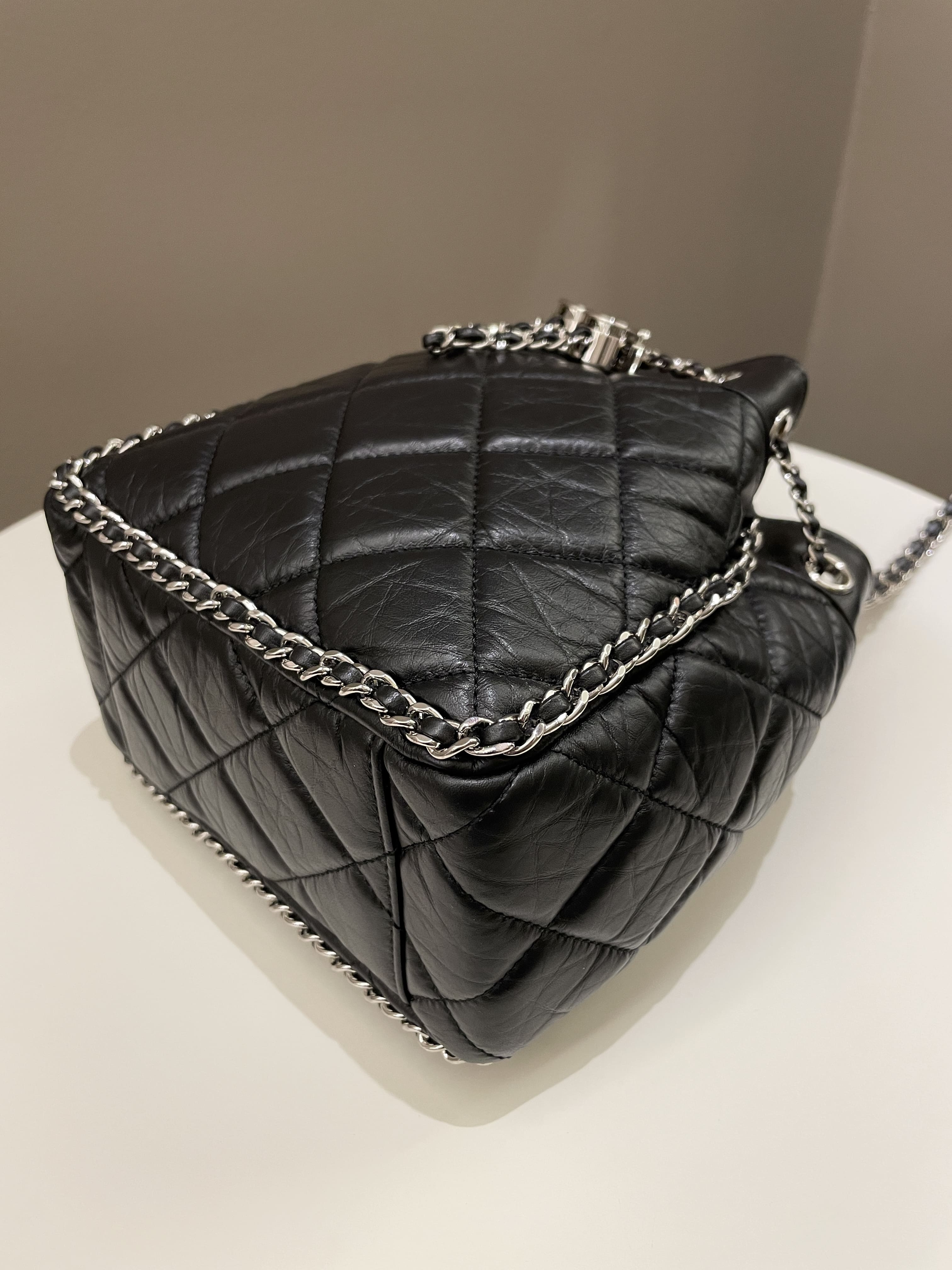 Chanel Cc Drawstring Bucket Chain Bag Black Aged Calfskin