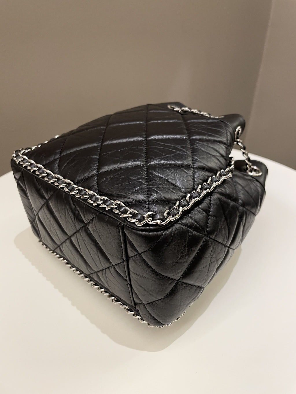 Chanel Cc Drawstring Bucket Chain Bag Black Aged Calfskin