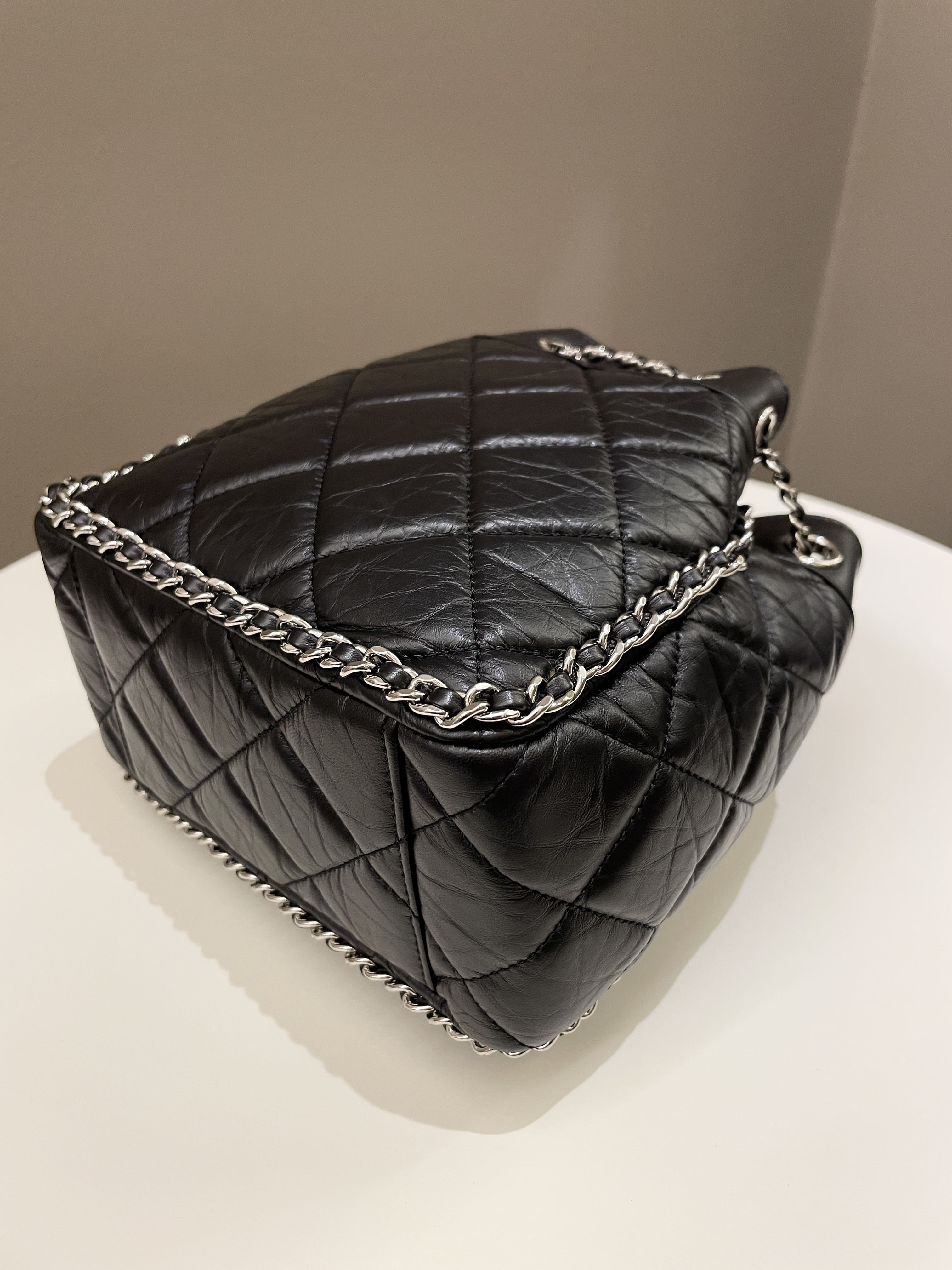 Chanel Cc Drawstring Bucket Chain Bag Black Aged Calfskin