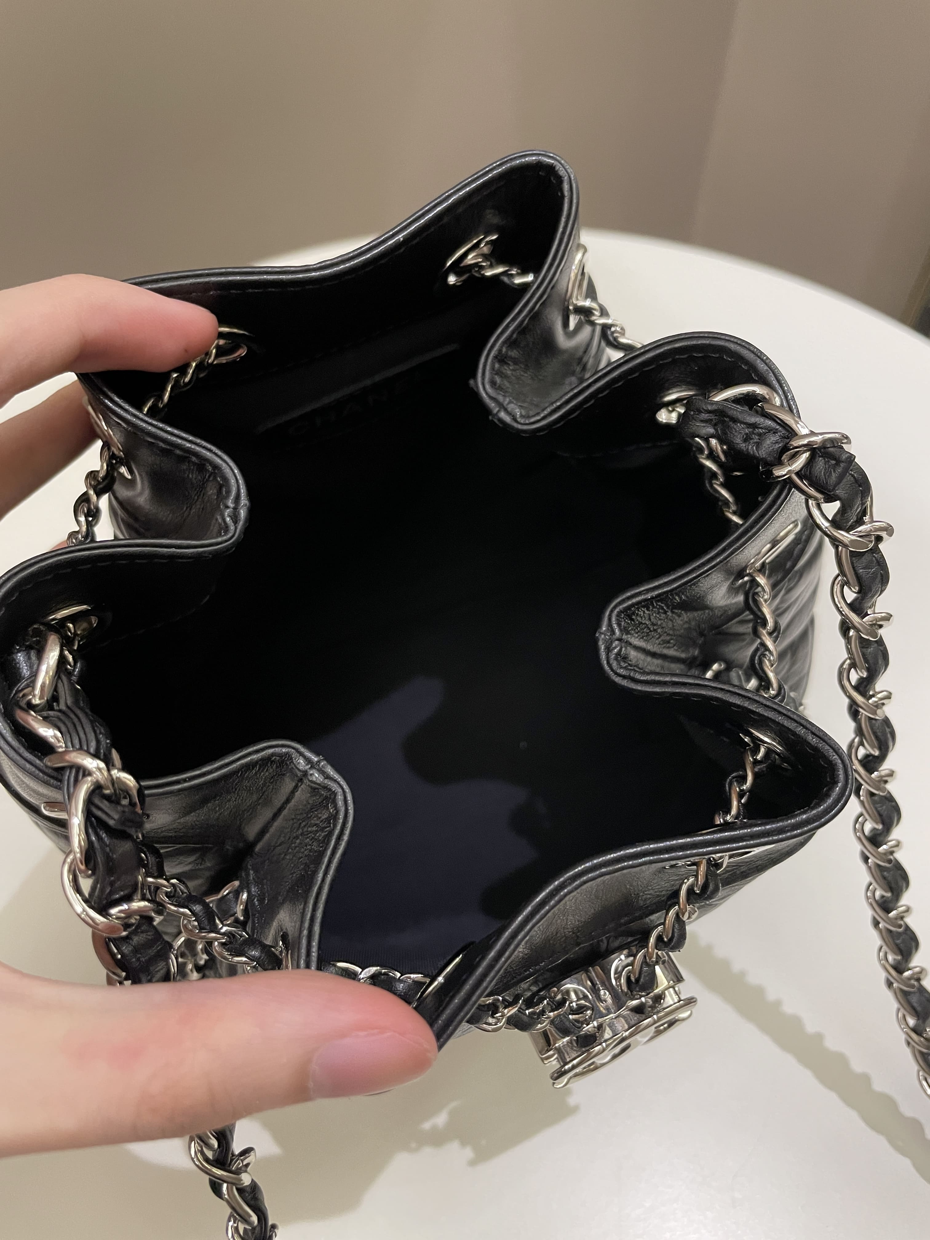 Chanel Cc Drawstring Bucket Chain Bag Black Aged Calfskin