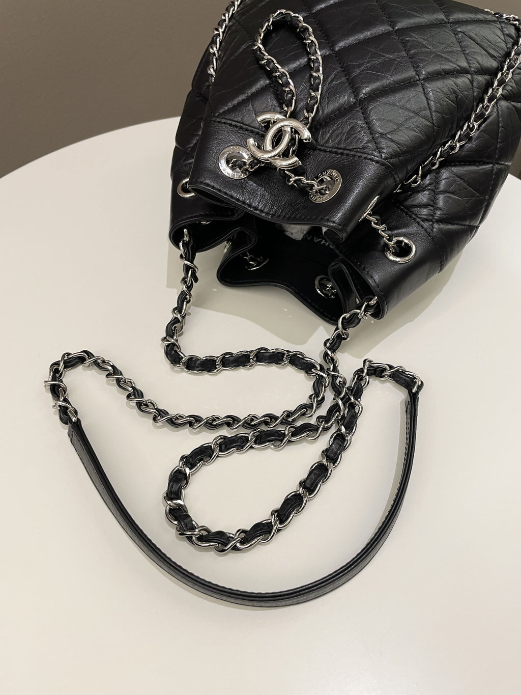 Chanel Cc Drawstring Bucket Chain Bag Black Aged Calfskin