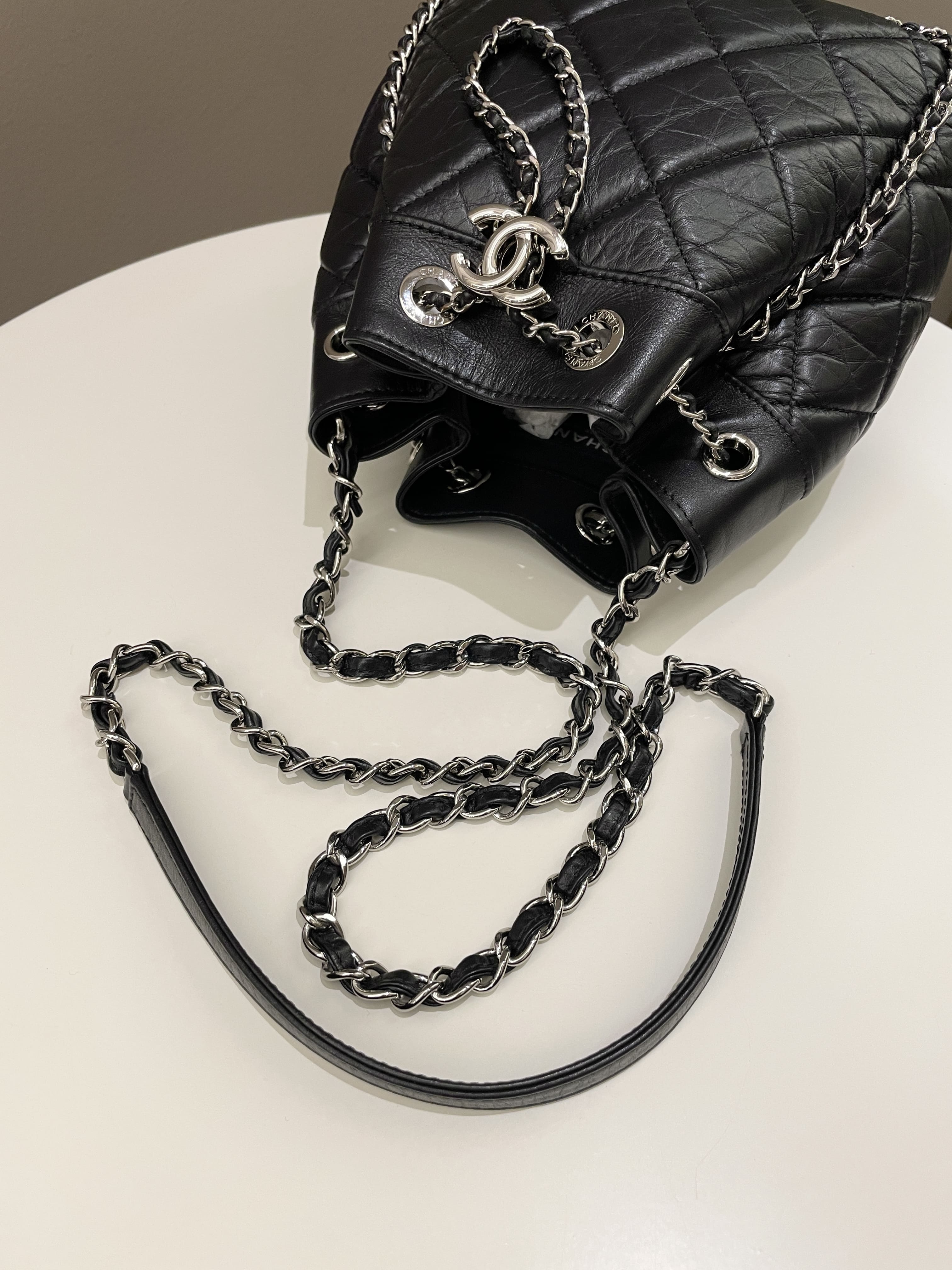 Chanel Cc Drawstring Bucket Chain Bag Black Aged Calfskin