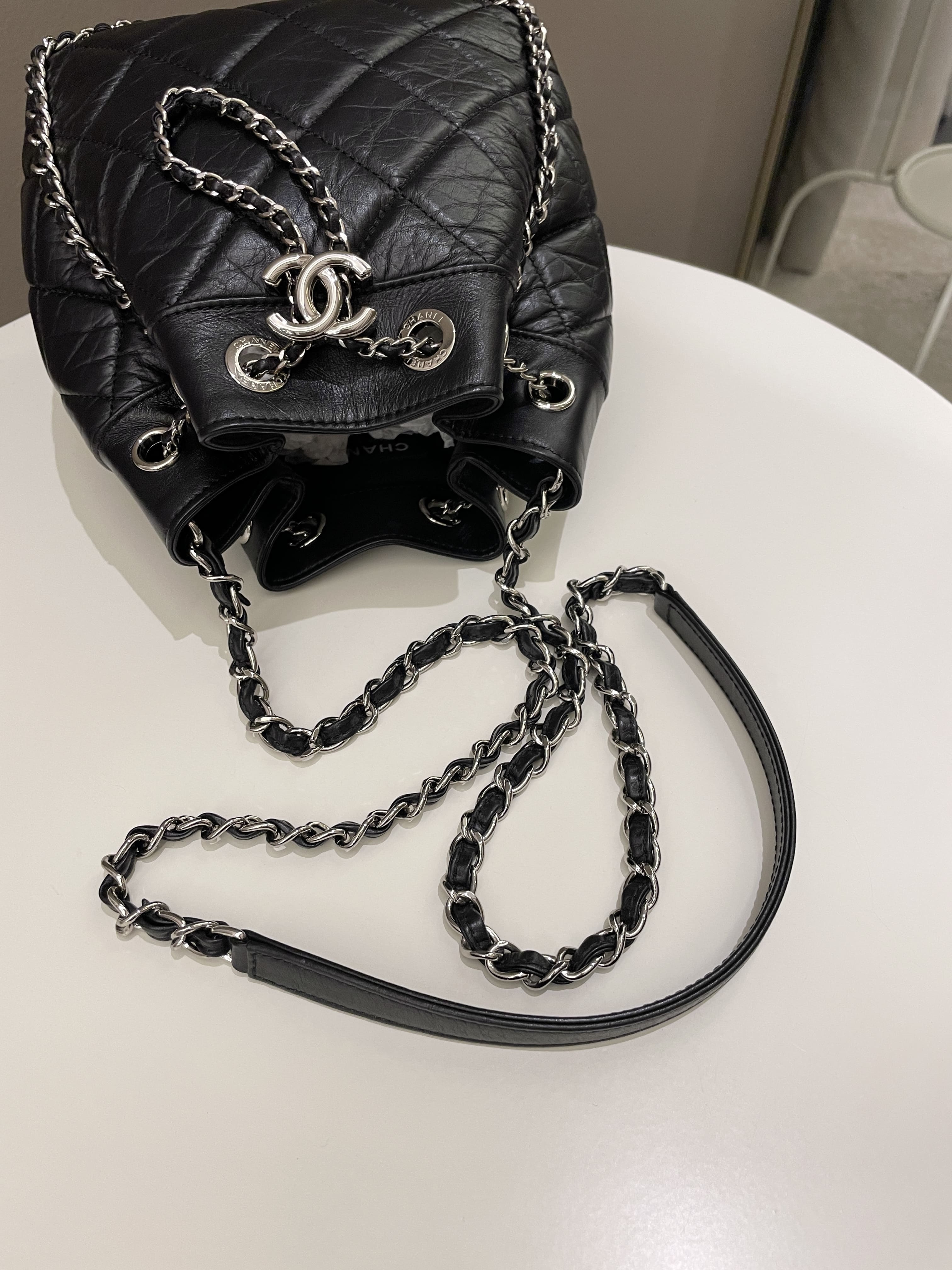 Chanel Cc Drawstring Bucket Chain Bag Black Aged Calfskin