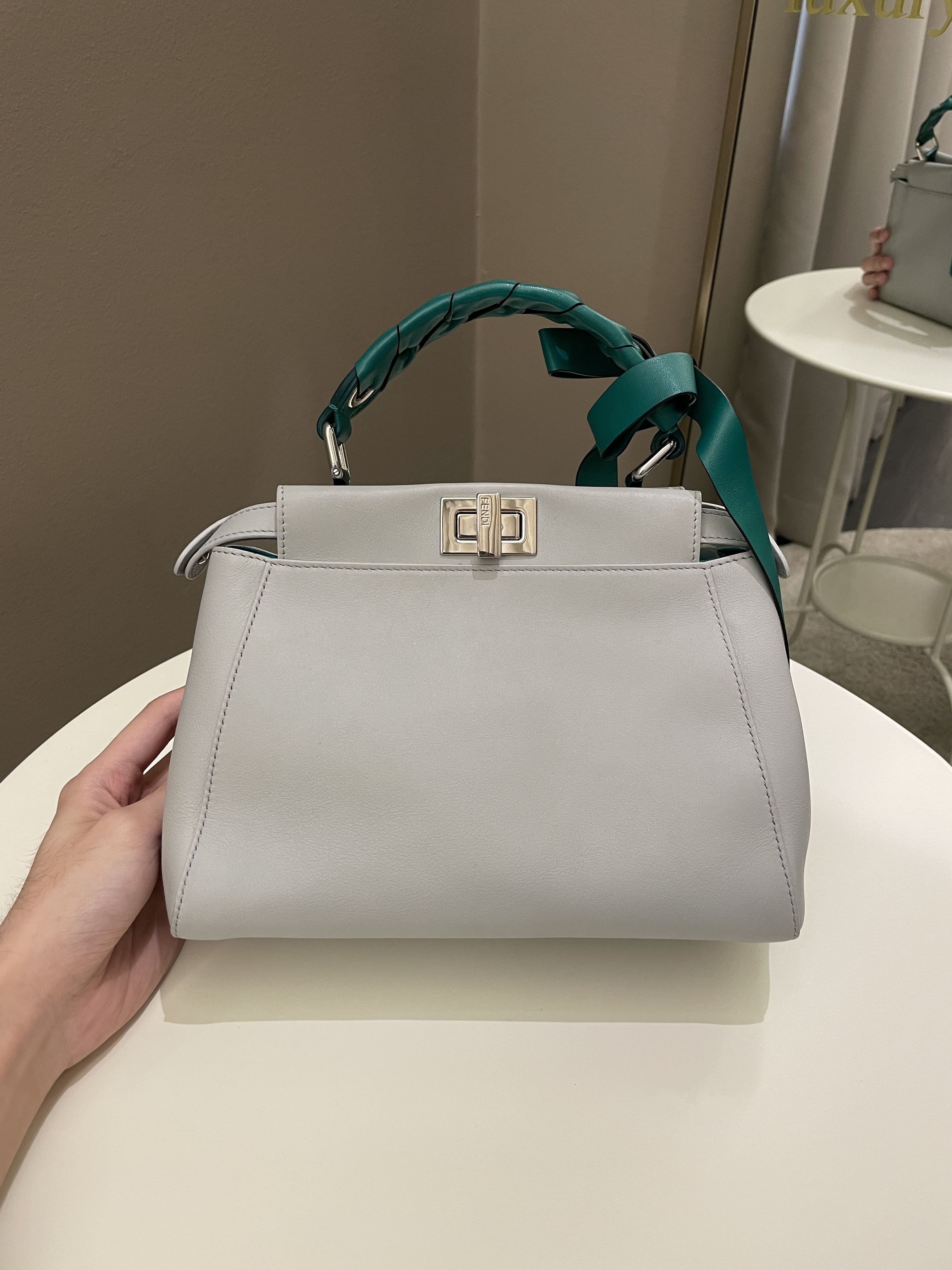 Fendi Bow Peekaboo Mini Grey/ Green Nappa Leather