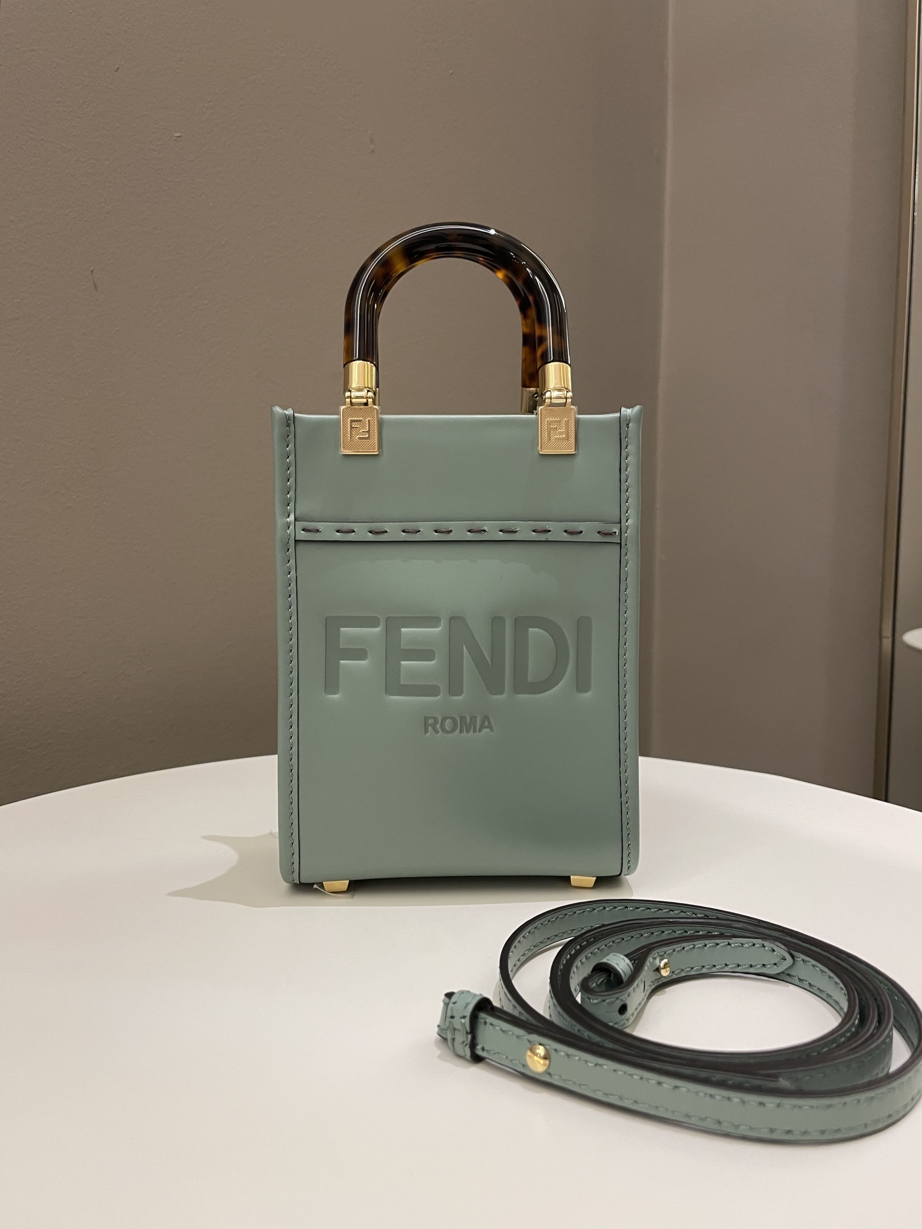 Fendi Mini Sunshine Shopper Mint Green Leather