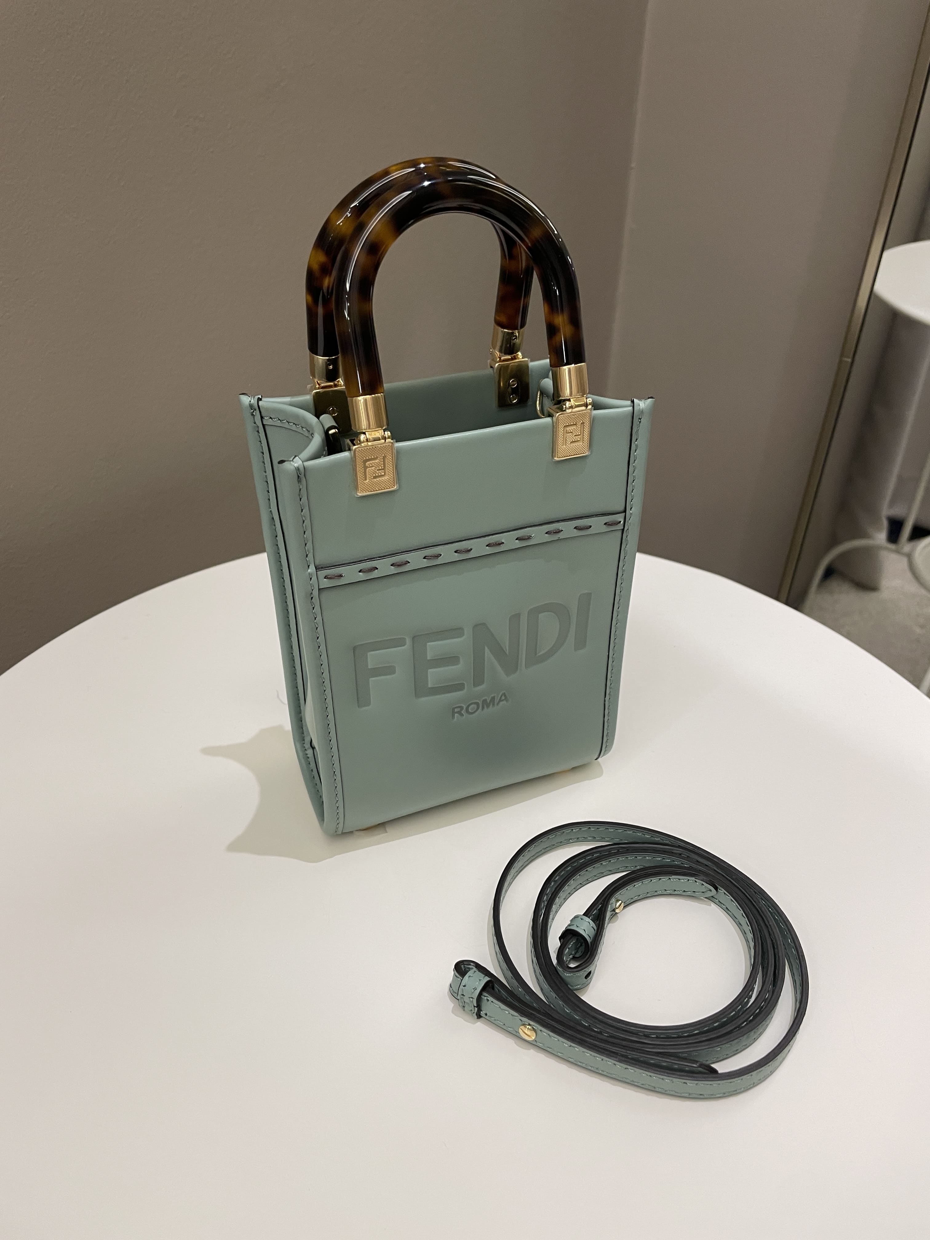 Fendi Mini Sunshine Shopper Mint Green Leather