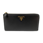 Prada Saffiano Long Continental Zip Wallet Black Leather Gold Logo
