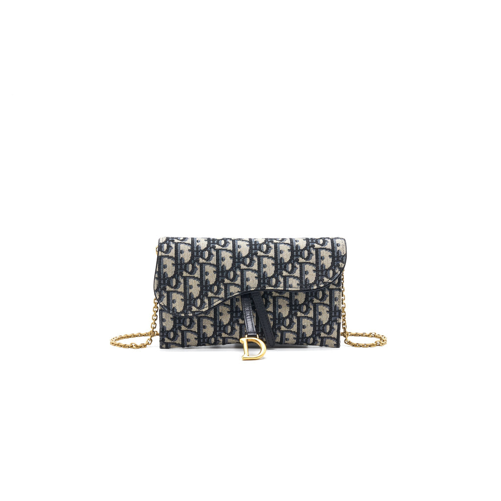 Dior Saddle Wallet with Chain Blue Oblique Jacquard