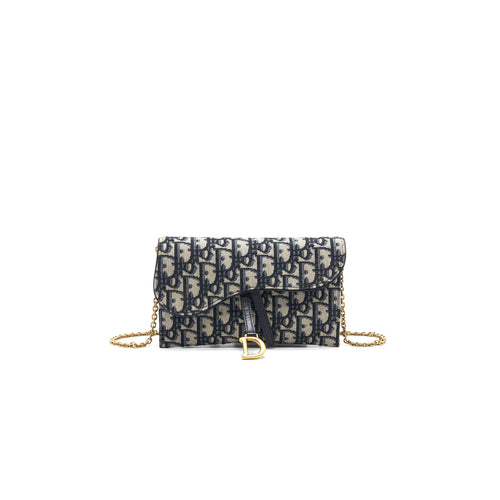 Dior Saddle Wallet with Chain Blue Oblique Jacquard
