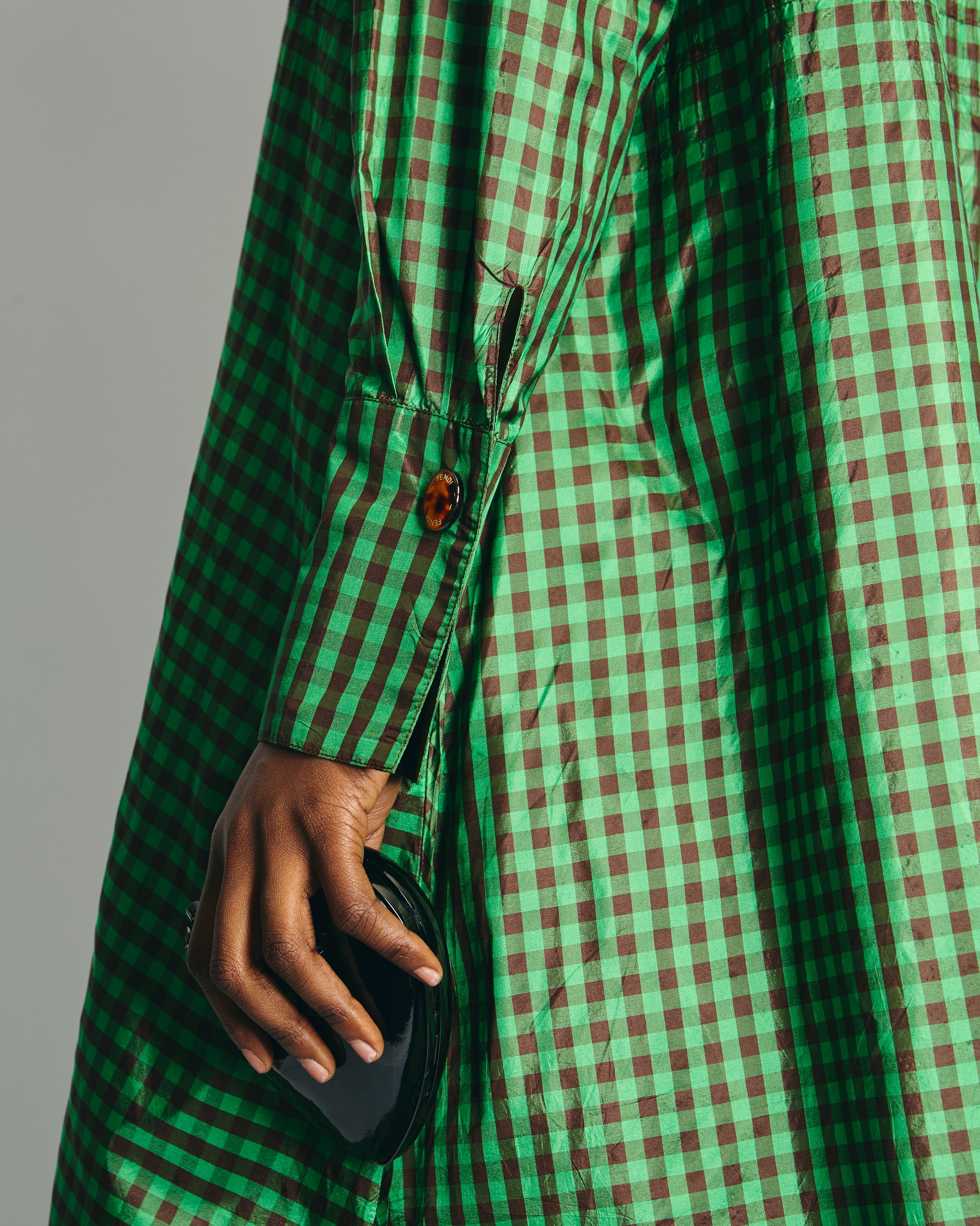 Fendi Green and Brown Silk Checked Maxi Dress with Logo Buttons Size IT 42 (UK 10) RRP £2,250