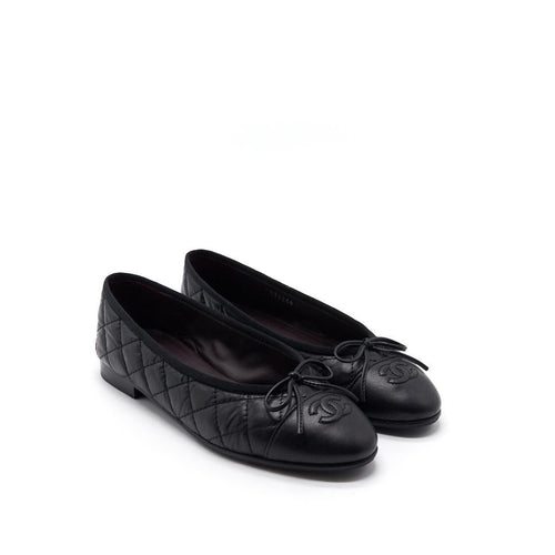 Chanel Black Quilted Suede CC Cap Toe Ballet Flats
