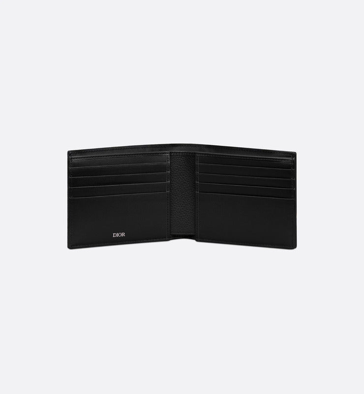 Saddle Bifold Card Holder Black Grained Calfskin Marquetry With Beige And Black Dior Oblique Jacquard