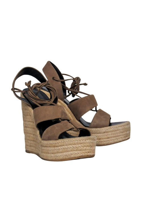Saint Laurent - Beige Suede Platform Woven Wedges Sz 9.5