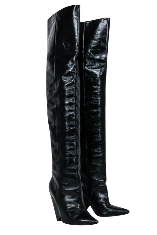 Saint Laurent - Black Crinkle Leather OTK Boots Sz 8