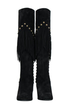 Saint Laurent - Black Suede Fringe Boots w/ Brass Studs Sz 6.5