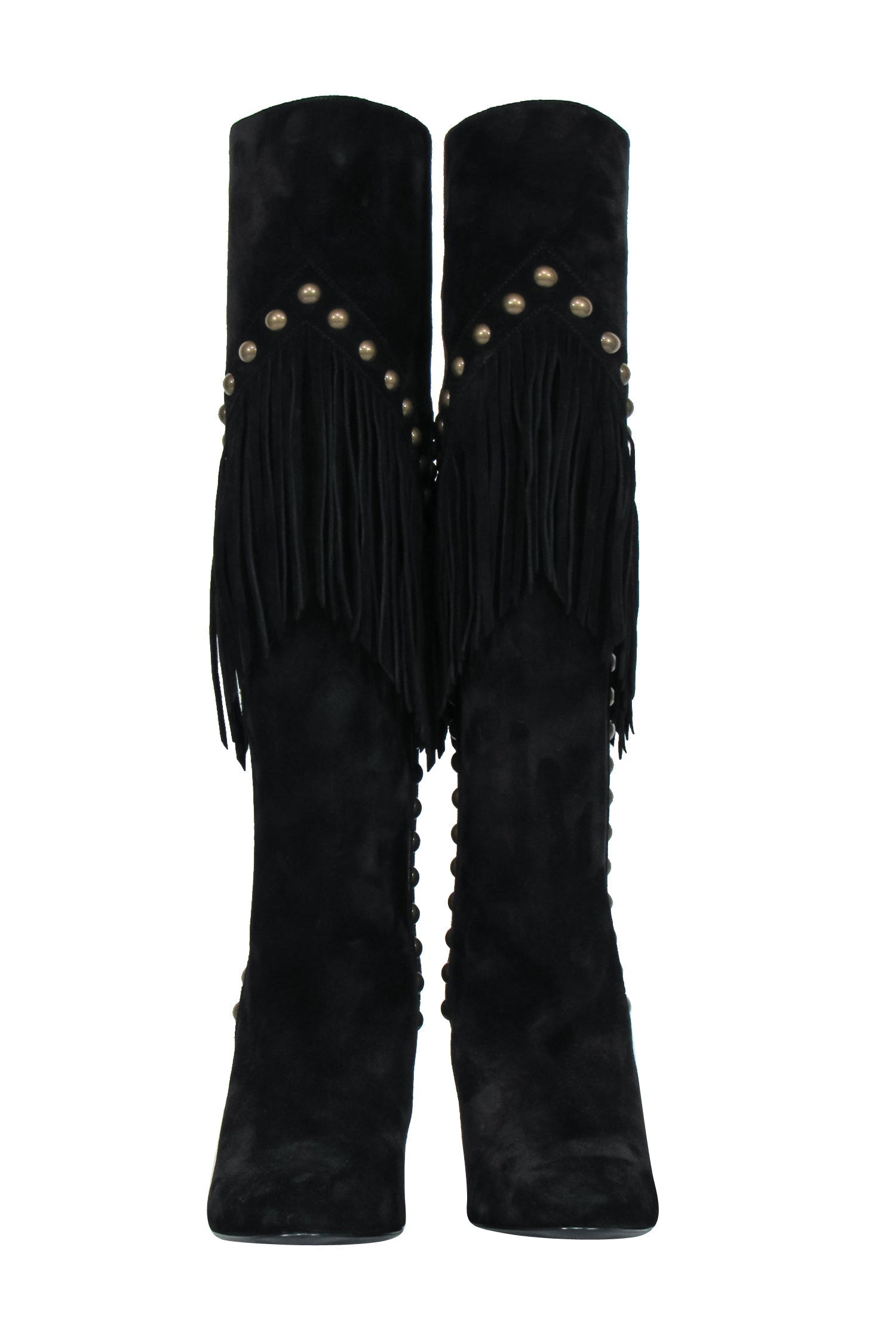 Saint Laurent - Black Suede Fringe Boots w/ Brass Studs Sz 6.5