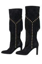 Saint Laurent - Black Suede Fringe Boots w/ Brass Studs Sz 6.5