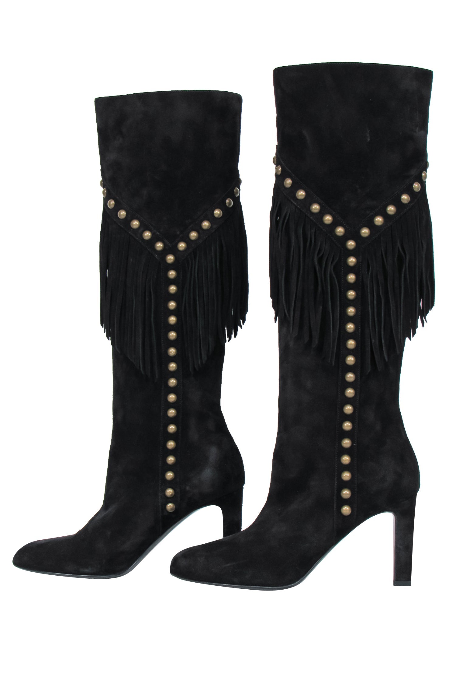 Saint Laurent - Black Suede Fringe Boots w/ Brass Studs Sz 6.5