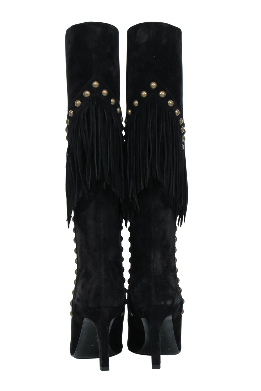 Saint Laurent - Black Suede Fringe Boots w/ Brass Studs Sz 6.5