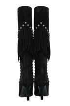Saint Laurent - Black Suede Fringe Boots w/ Brass Studs Sz 6.5