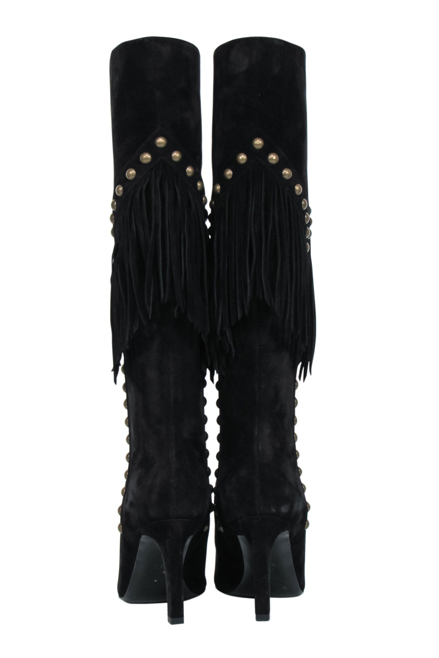 Saint Laurent - Black Suede Fringe Boots w/ Brass Studs Sz 6.5