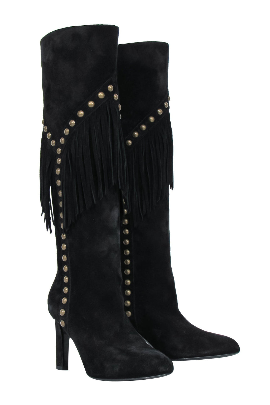 Saint Laurent - Black Suede Fringe Boots w/ Brass Studs Sz 6.5