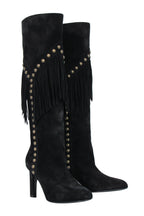 Saint Laurent - Black Suede Fringe Boots w/ Brass Studs Sz 6.5