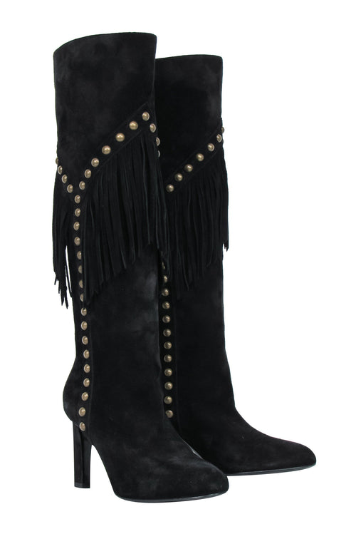 Saint Laurent - Black Suede Fringe Boots w/ Brass Studs Sz 6.5