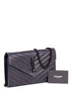 Saint Laurent Chevron Leather Monogram Wallet Chain Bag Black