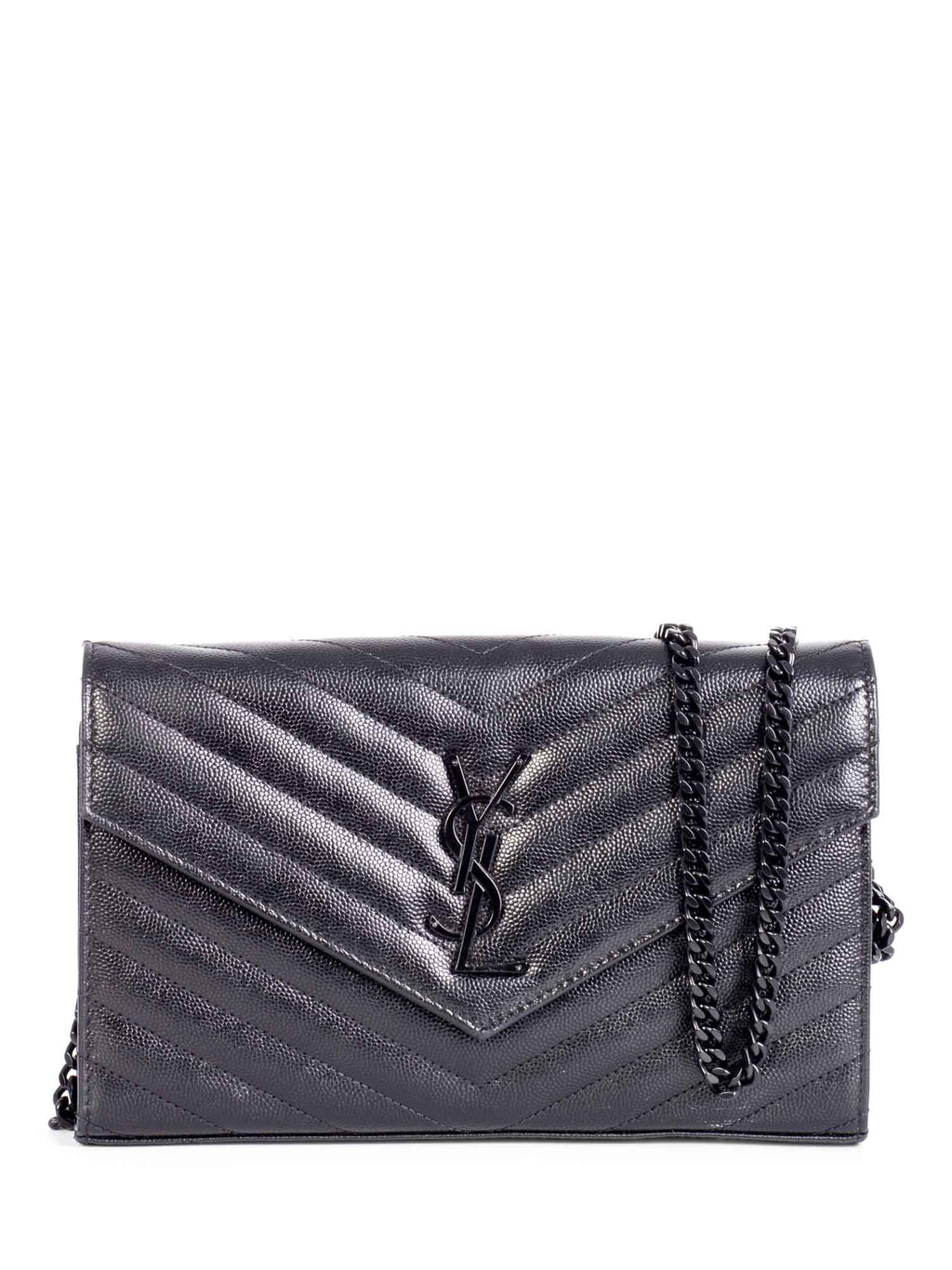 Saint Laurent Chevron Leather Monogram Wallet Chain Bag Black