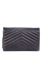 Saint Laurent Chevron Leather Monogram Wallet Chain Bag Black