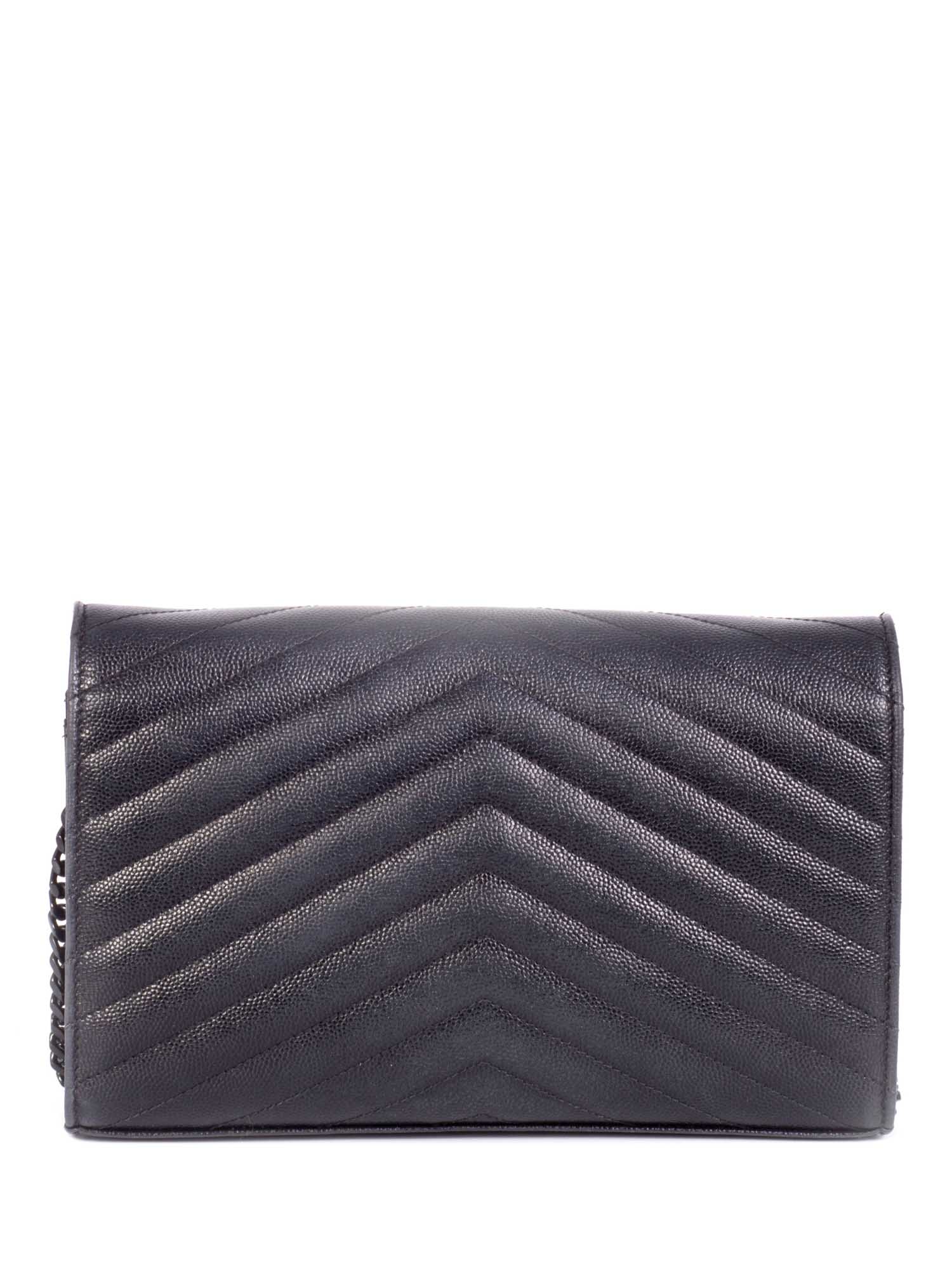 Saint Laurent Chevron Leather Monogram Wallet Chain Bag Black