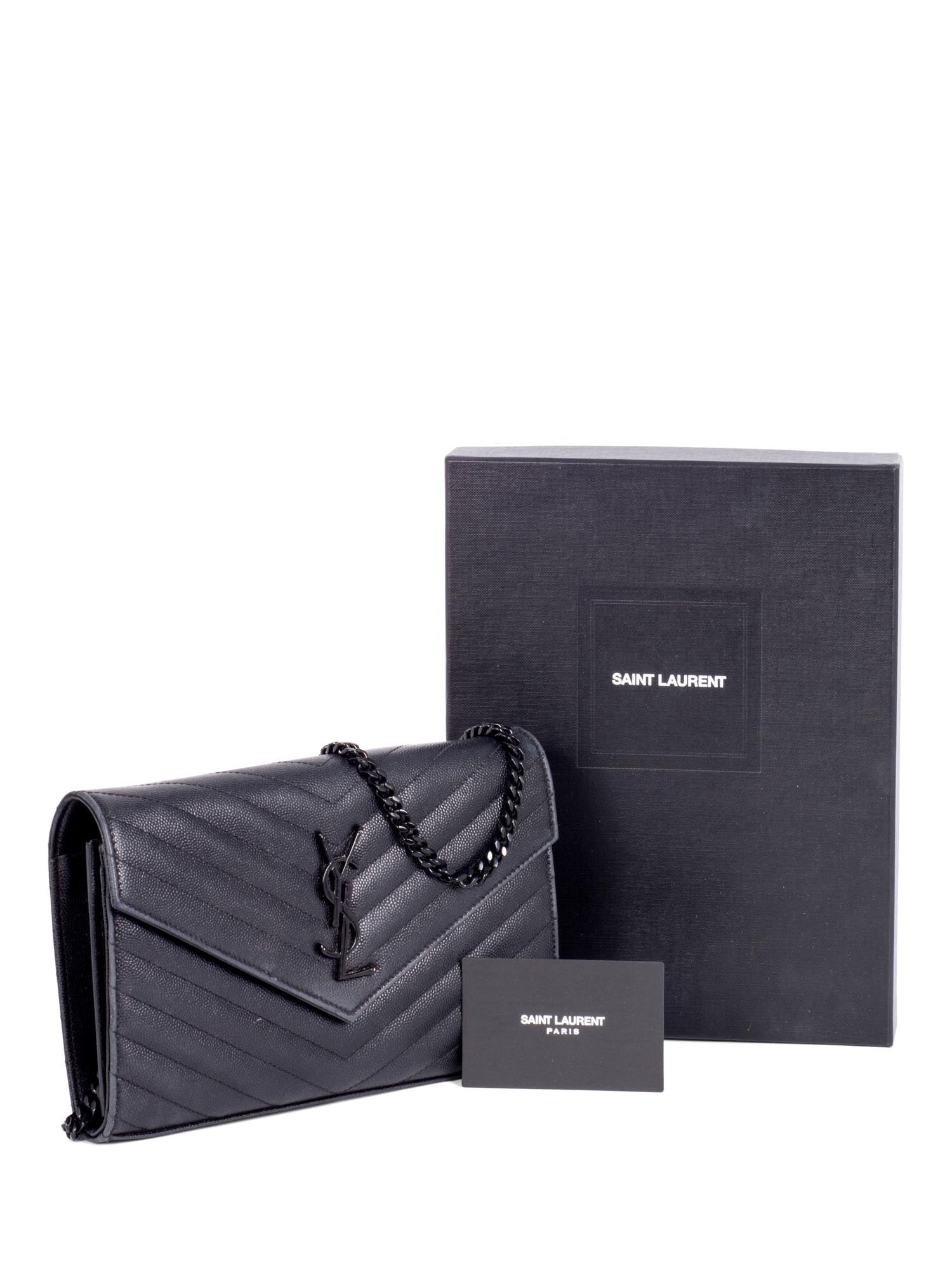 Saint Laurent Chevron Leather Monogram Wallet Chain Bag Black