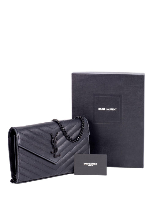 Saint Laurent Chevron Leather Monogram Wallet Chain Bag Black