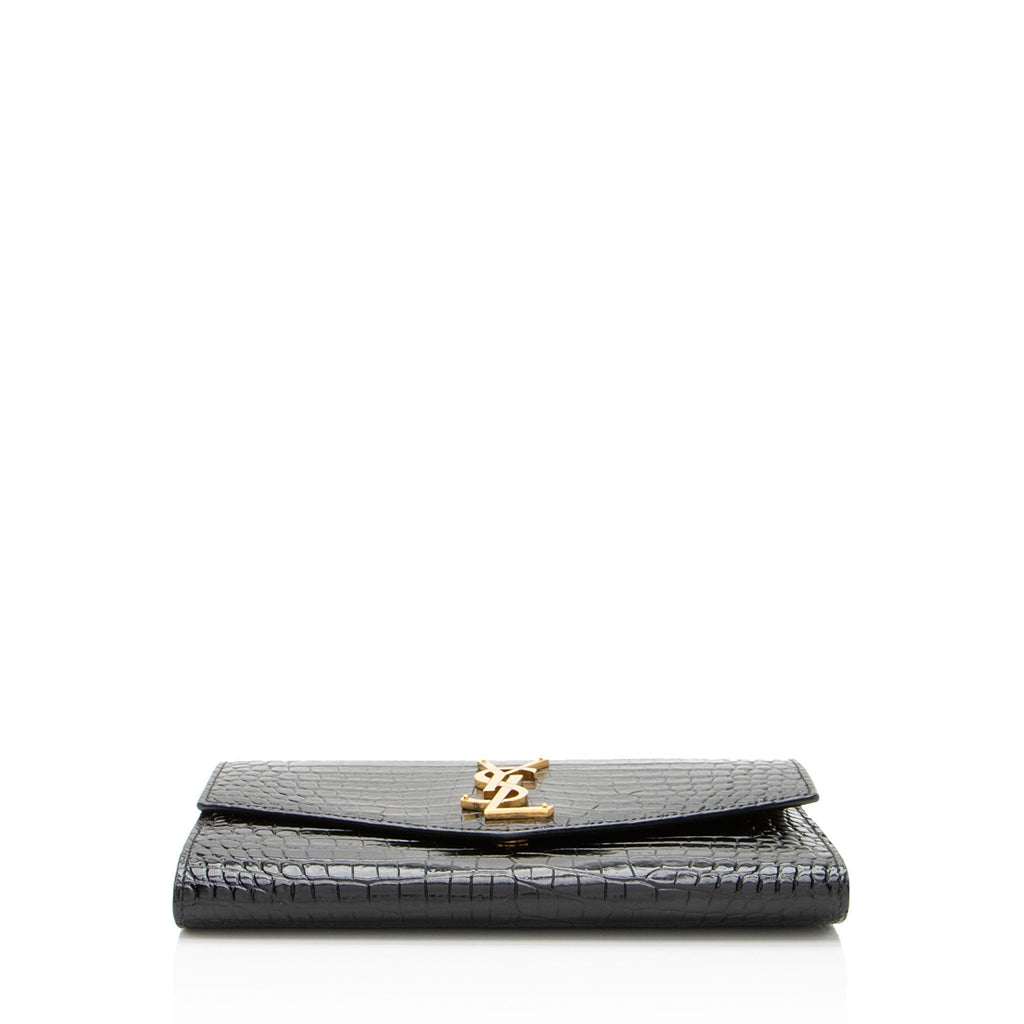 Saint Laurent Croc Embossed Leather Monogram Uptown Chain Wallet (SHF-nn92UW)