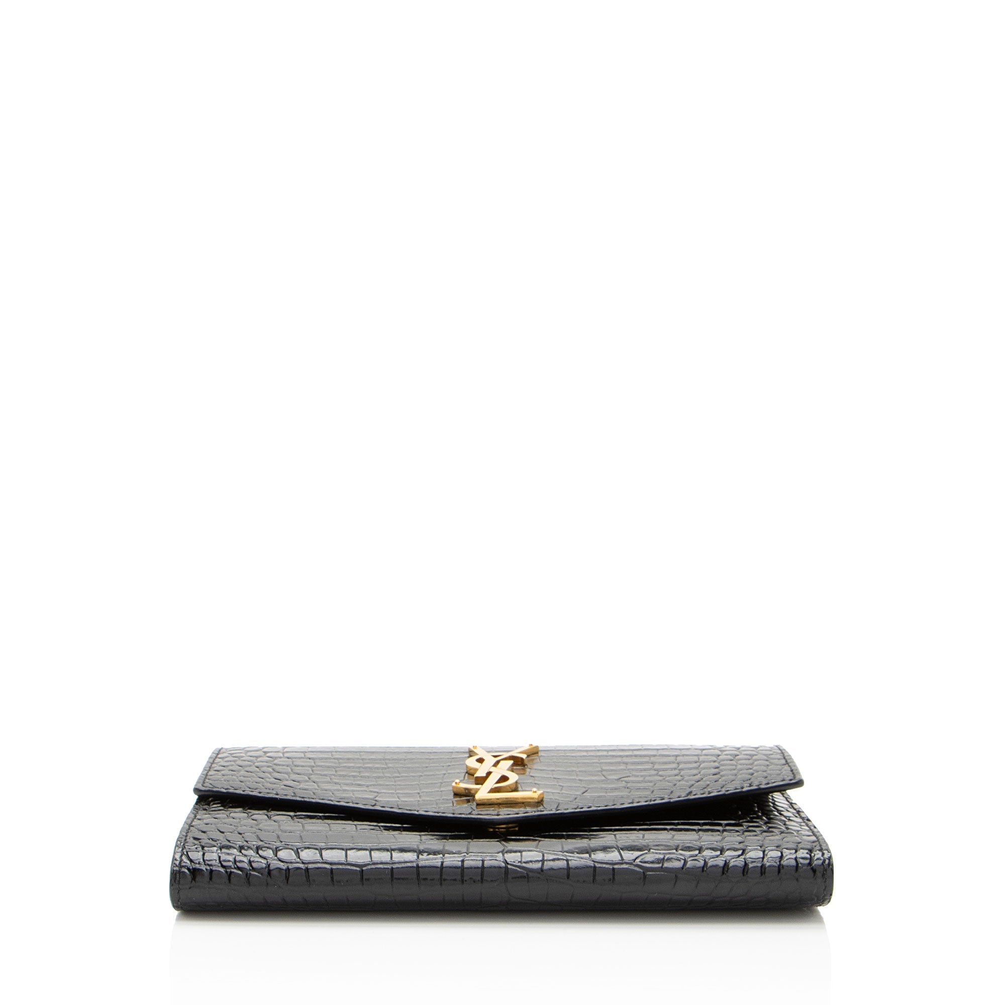 Saint Laurent Croc Embossed Leather Monogram Uptown Chain Wallet (SHF-nn92UW)