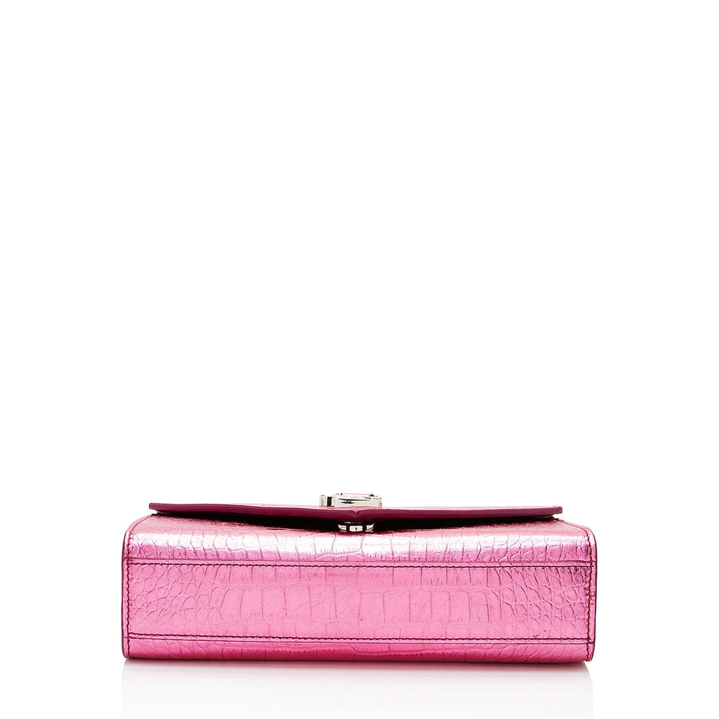 Saint Laurent Metallic Croc Embossed Leather Monogram Small Envelope Bag (SHF-v3reig)