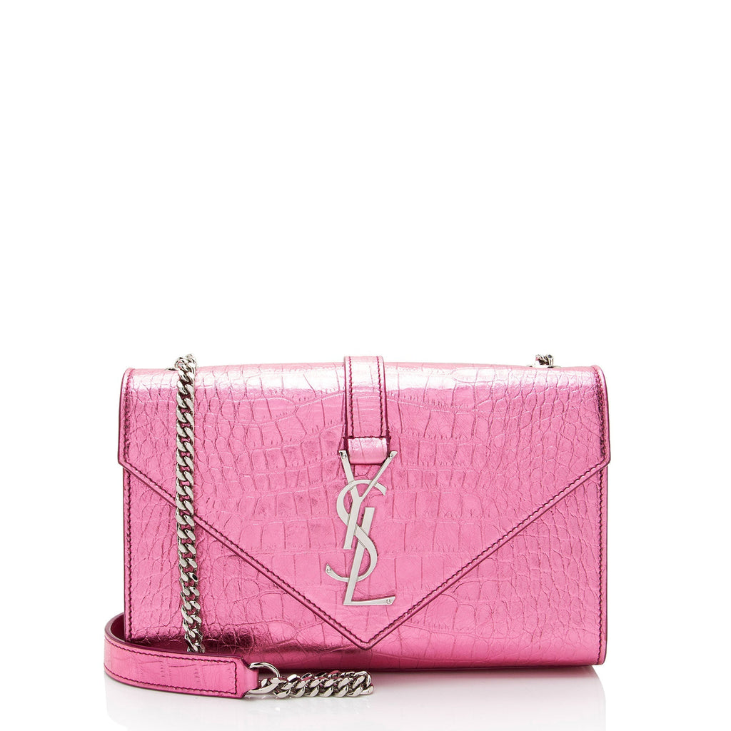 Saint Laurent Metallic Croc Embossed Leather Monogram Small Envelope Bag (SHF-v3reig)