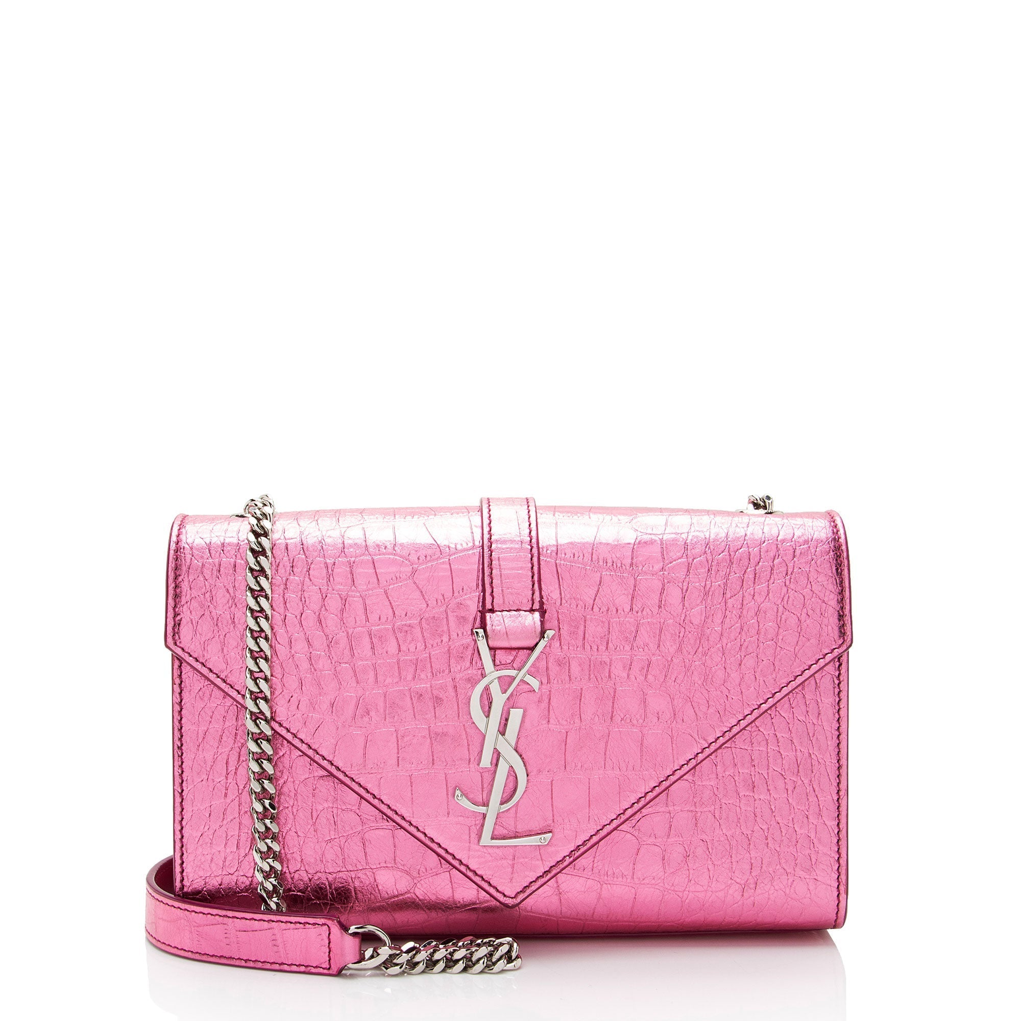 Saint Laurent Metallic Croc Embossed Leather Monogram Small Envelope Bag (SHF-v3reig)