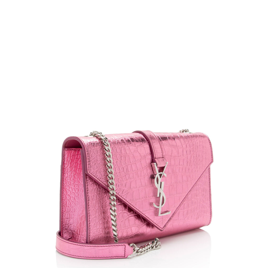 Saint Laurent Metallic Croc Embossed Leather Monogram Small Envelope Bag (SHF-v3reig)