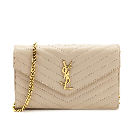 Saint Laurent Beige Grain De Poudre Matelasse Chevron Monogram Chain Wallet
