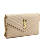 Saint Laurent Beige Grain De Poudre Matelasse Chevron Monogram Chain Wallet