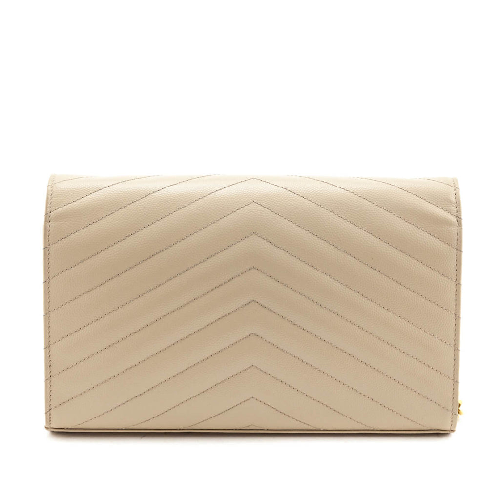 Saint Laurent Beige Grain De Poudre Matelasse Chevron Monogram Chain Wallet