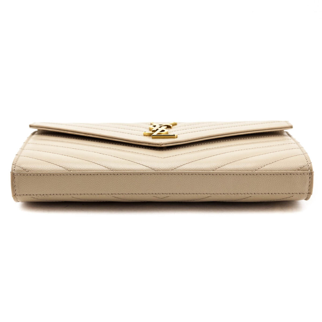 Saint Laurent Beige Grain De Poudre Matelasse Chevron Monogram Chain Wallet