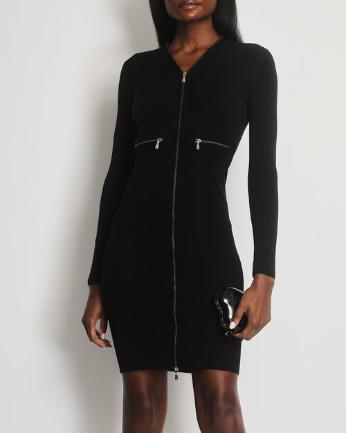 Saint Laurent Fall Winter 2008 Black Midi Knit Dress with Gold Logo Zip Details Size XS (UK 6)